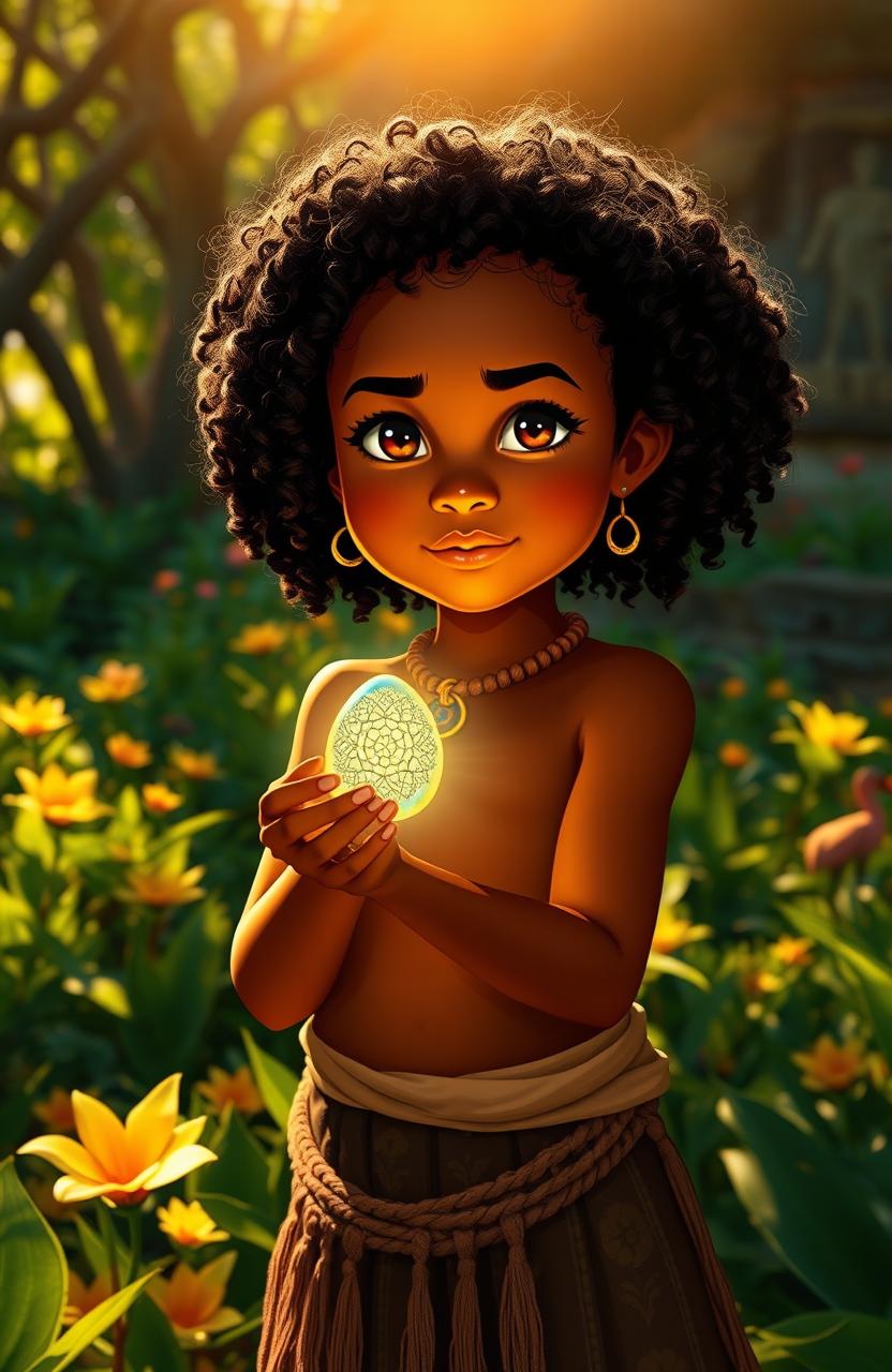A young dark-skinned aboriginal girl with curly hair, wearing traditional attire, stands confidently while holding a small, glowing magic stone in her hand