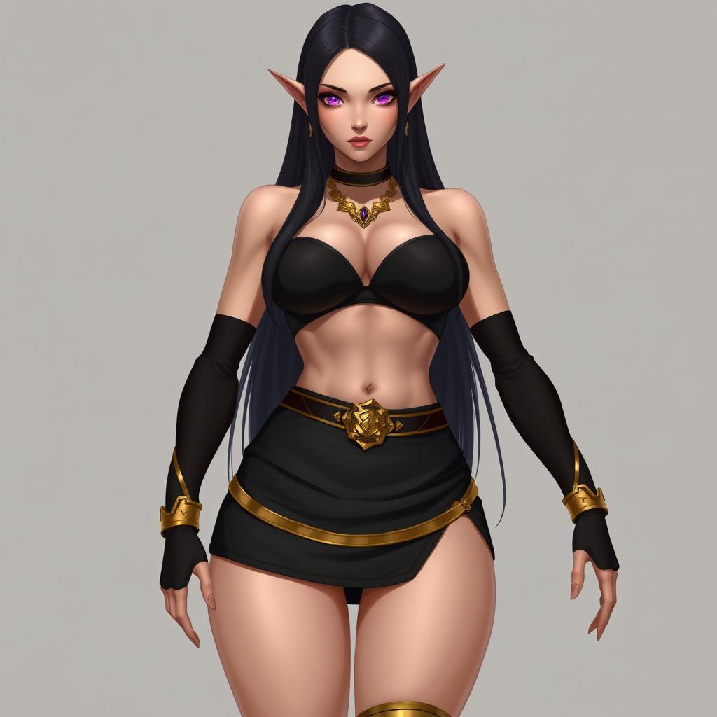 A tall female figure with a fair skin tone and prominently large chest, emphasized by her form-fitting clothing
