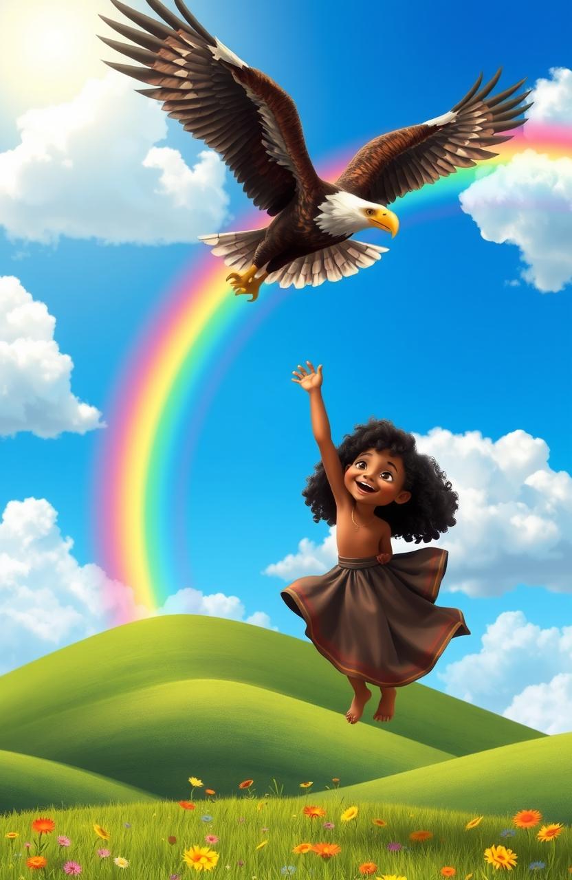 A whimsical scene featuring a little dark-skinned Aboriginal girl with curly hair, joyfully lifted into the air by a majestic eagle
