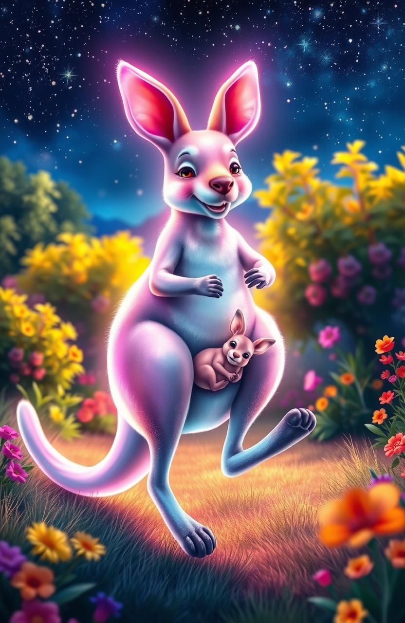 A luminescent kangaroo hopping joyfully through a vibrant landscape, with its little joey nestled comfortably in its pouch