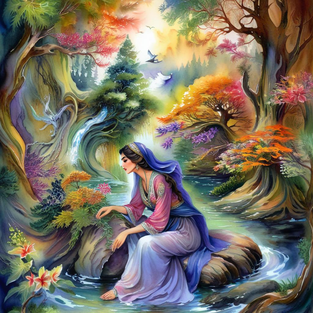 Mystical and spiritual watercolor painting of a beautiful Iranian woman sitting on a rock on a beautiful and peaceful pond in a dense forest with cypress trees, plane trees, grapevines, winding bonsai trees, and a whirlwind of colorful flowers and beautiful.