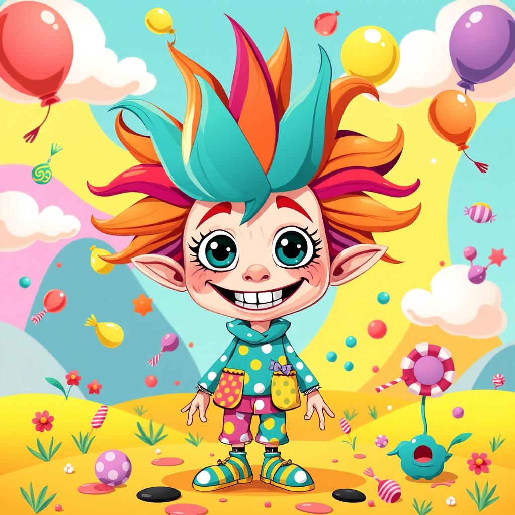 A whimsical and zany character design, featuring a playful figure with bright, exaggerated features