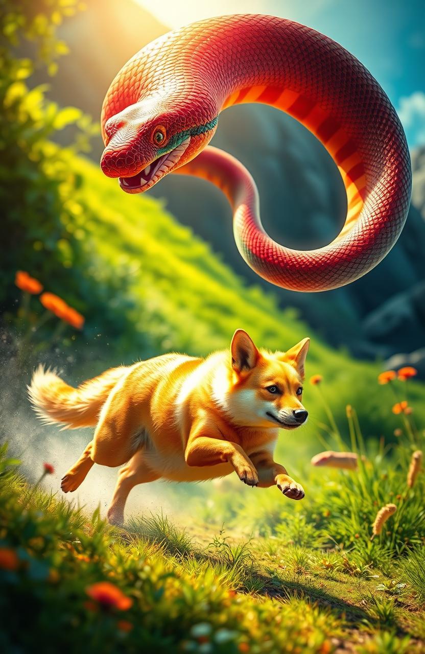 A dingo with striking glowing golden fur sprinting energetically through a vibrant landscape, energetically chasing a magnificent rainbow serpent that twists and turns gracefully above the ground
