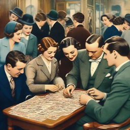 A lively scene in a bustling Parisian restaurant in the early 1930s, where elegantly dressed men and women gather around to assemble a jigsaw puzzle.