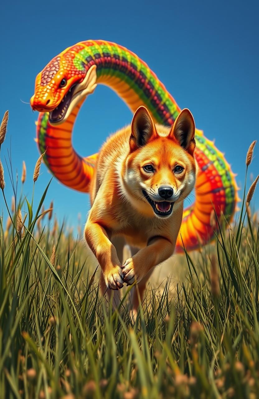 A vibrant scene featuring a dingo with glowing golden fur energetically chasing a magnificent rainbow serpent through lush, tall grass