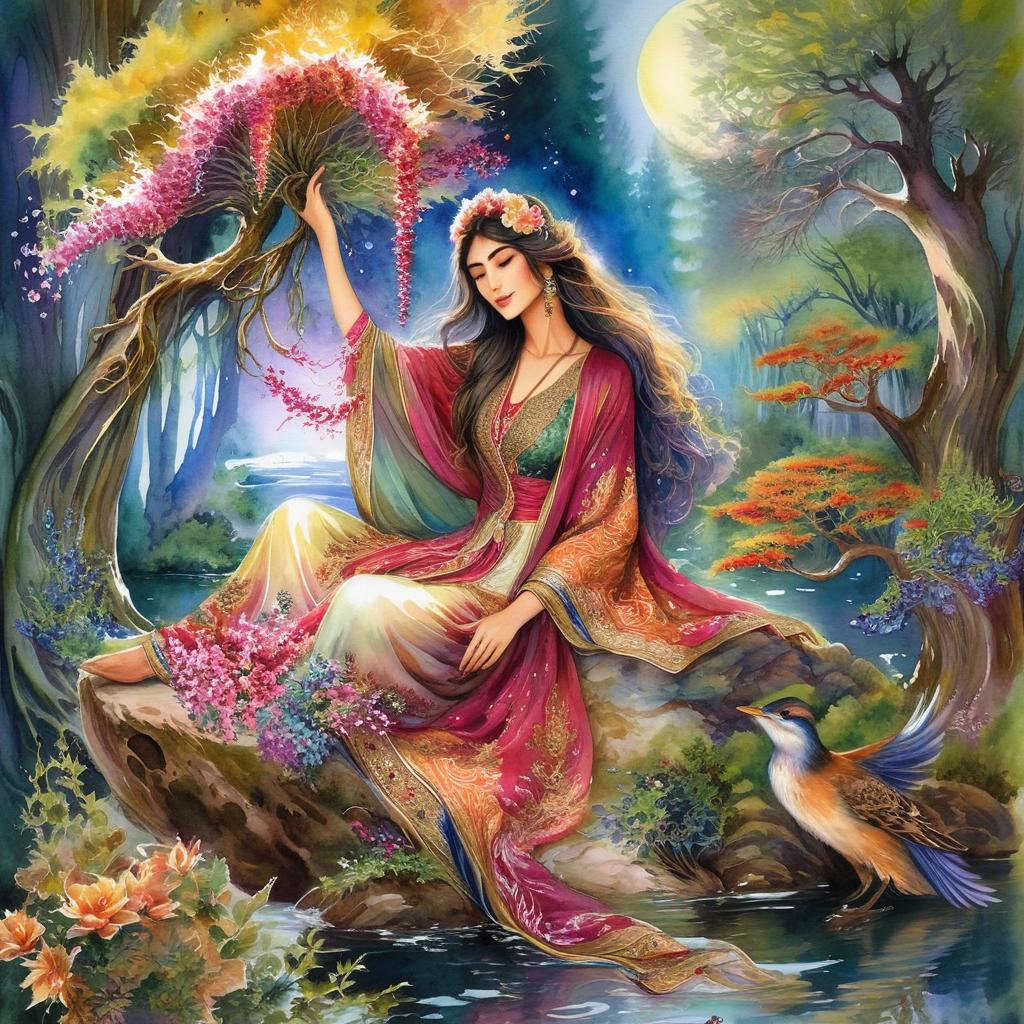Mystical and spiritual watercolor painting of a beautiful Iranian woman sitting on a rock on a beautiful and peaceful pond in a dense forest with cypress trees, plane trees, grapevines, winding bonsai trees, and a whirlwind of colorful flowers and beautiful.