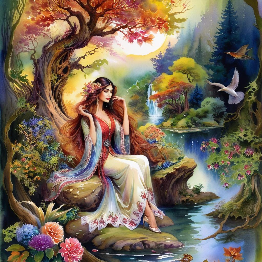 Mystical and spiritual watercolor painting of a beautiful Iranian woman sitting on a rock on a beautiful and peaceful pond in a dense forest with cypress trees, plane trees, grapevines, winding bonsai trees, and a whirlwind of colorful flowers and beautiful.