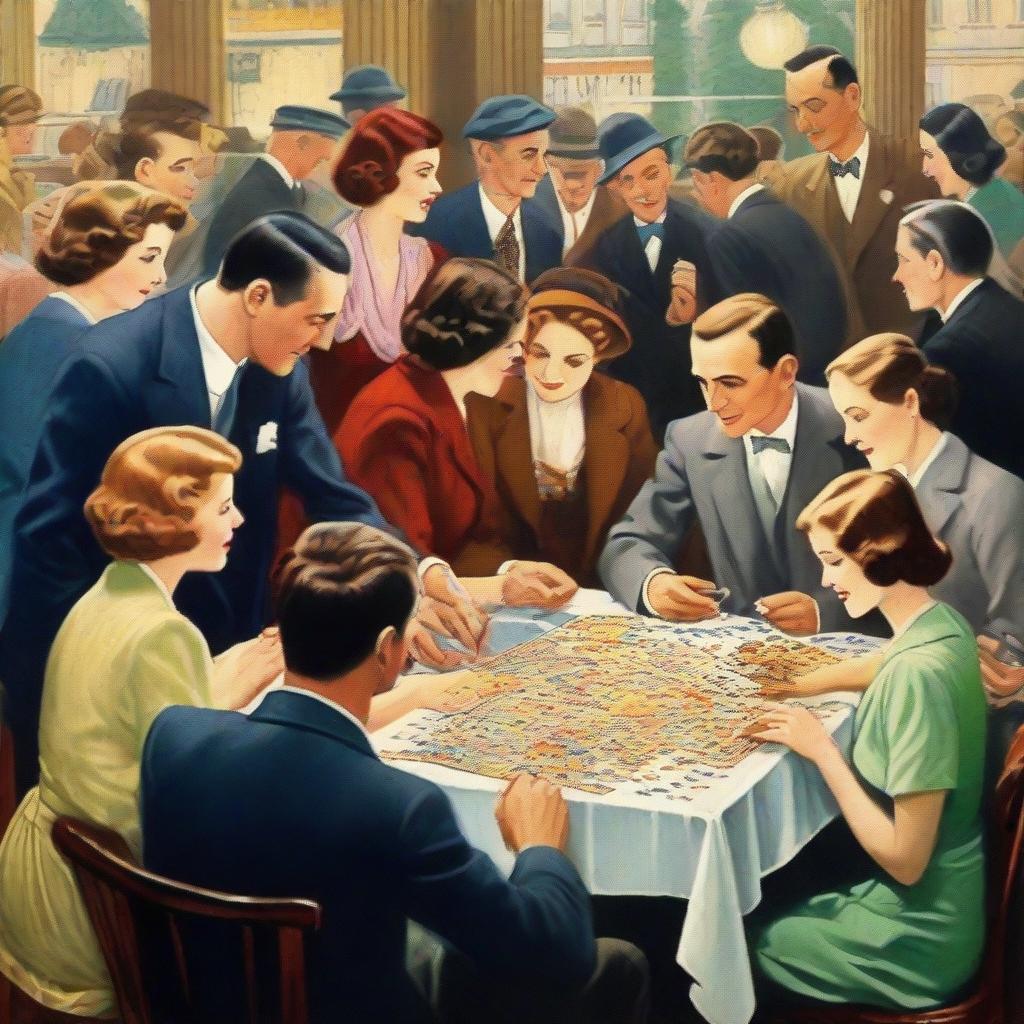 A lively scene in a bustling Parisian restaurant in the early 1930s, where elegantly dressed men and women gather around to assemble a jigsaw puzzle.