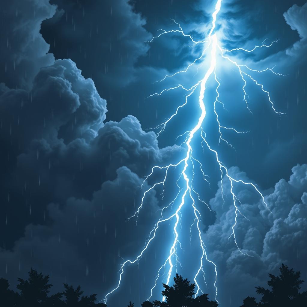 A stylized depiction of a vibrant lightning bolt striking through a dark stormy sky, illuminating the clouds with bright flashes of electric blue and white