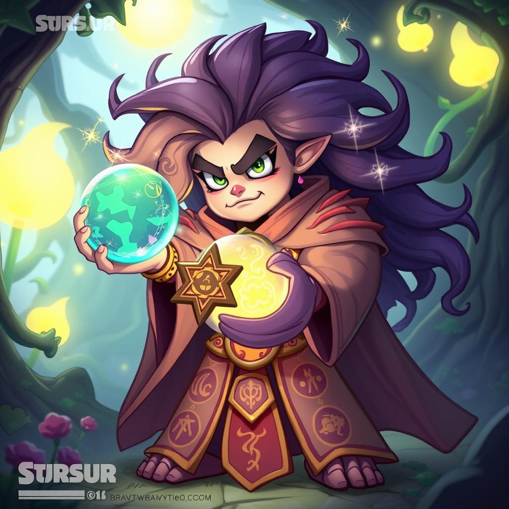 A mystical seer character designed for a brawler concept in Brawl Stars, holding an ornate crystal ball