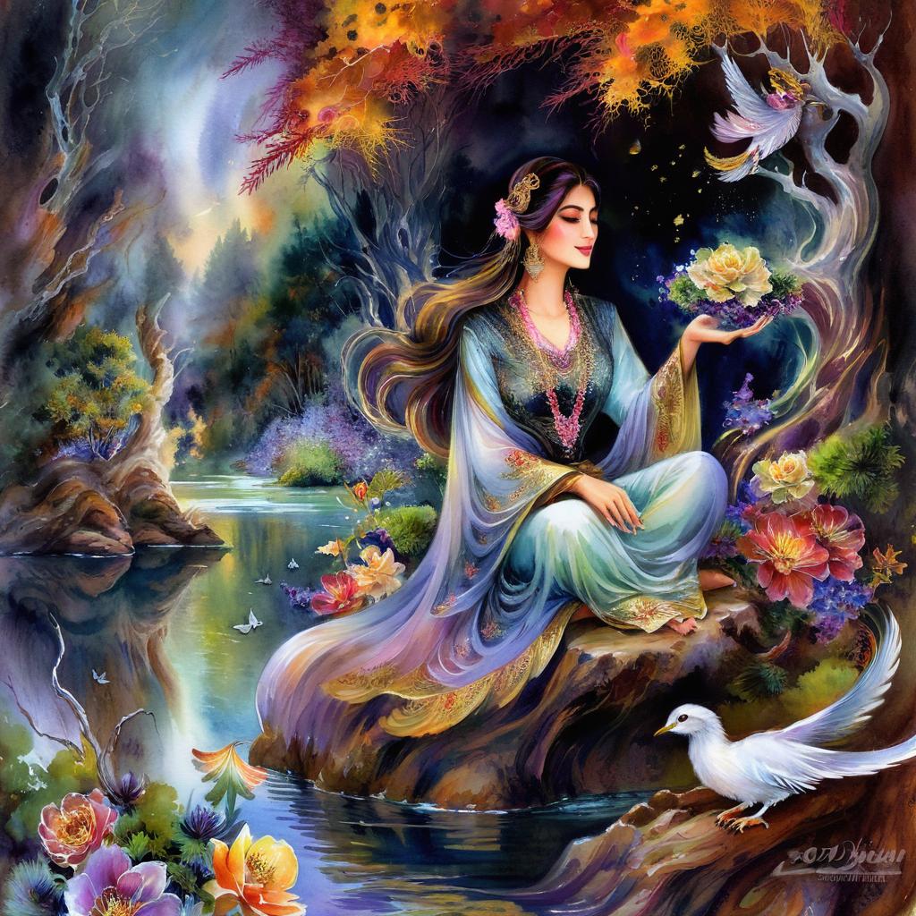 Mystical and spiritual watercolor painting of a beautiful Iranian woman sitting on a rock on a beautiful and peaceful pond in a dense forest with cypress trees, plane trees, grapevines, winding bonsai trees, and a whirlwind of colorful flowers and beautiful.