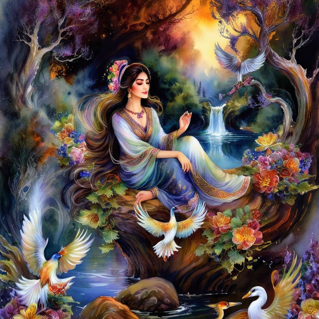 Mystical and spiritual watercolor painting of a beautiful Iranian woman sitting on a rock on a beautiful and peaceful pond in a dense forest with cypress trees, plane trees, grapevines, winding bonsai trees, and a whirlwind of colorful flowers and beautiful.