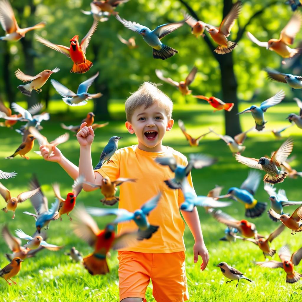 A young boy enthusiastically mimicking bird calls, surrounded by a vibrant array of colorful birds in a lush, green park