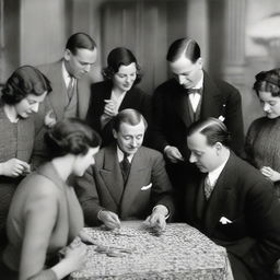 A lively scene in a bustling Parisian restaurant in the early 1930s, where elegantly dressed men and women gather around to assemble a jigsaw puzzle.