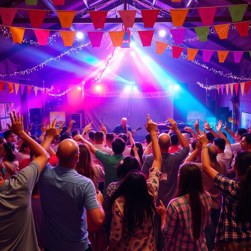 An energetic and passionate scene depicting a lively community festival, with vibrant decorations and enthusiastic participants dancing and celebrating