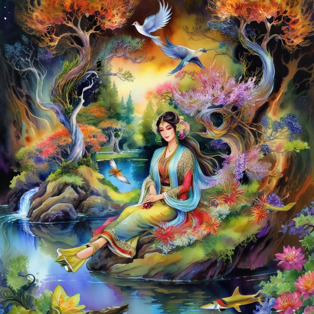 Mystical and spiritual watercolor painting of a beautiful Iranian woman sitting on a rock on a beautiful and peaceful pond in a dense forest with cypress trees, plane trees, grapevines, winding bonsai trees, and a whirlwind of colorful flowers and beautiful.
