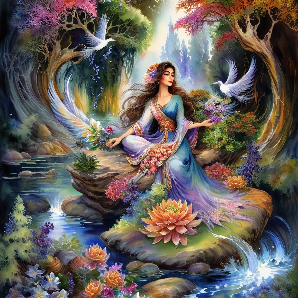 Mystical and spiritual watercolor painting of a beautiful Iranian woman sitting on a rock on a beautiful and peaceful pond in a dense forest with cypress trees, plane trees, grapevines, winding bonsai trees, and a whirlwind of colorful flowers and beautiful.