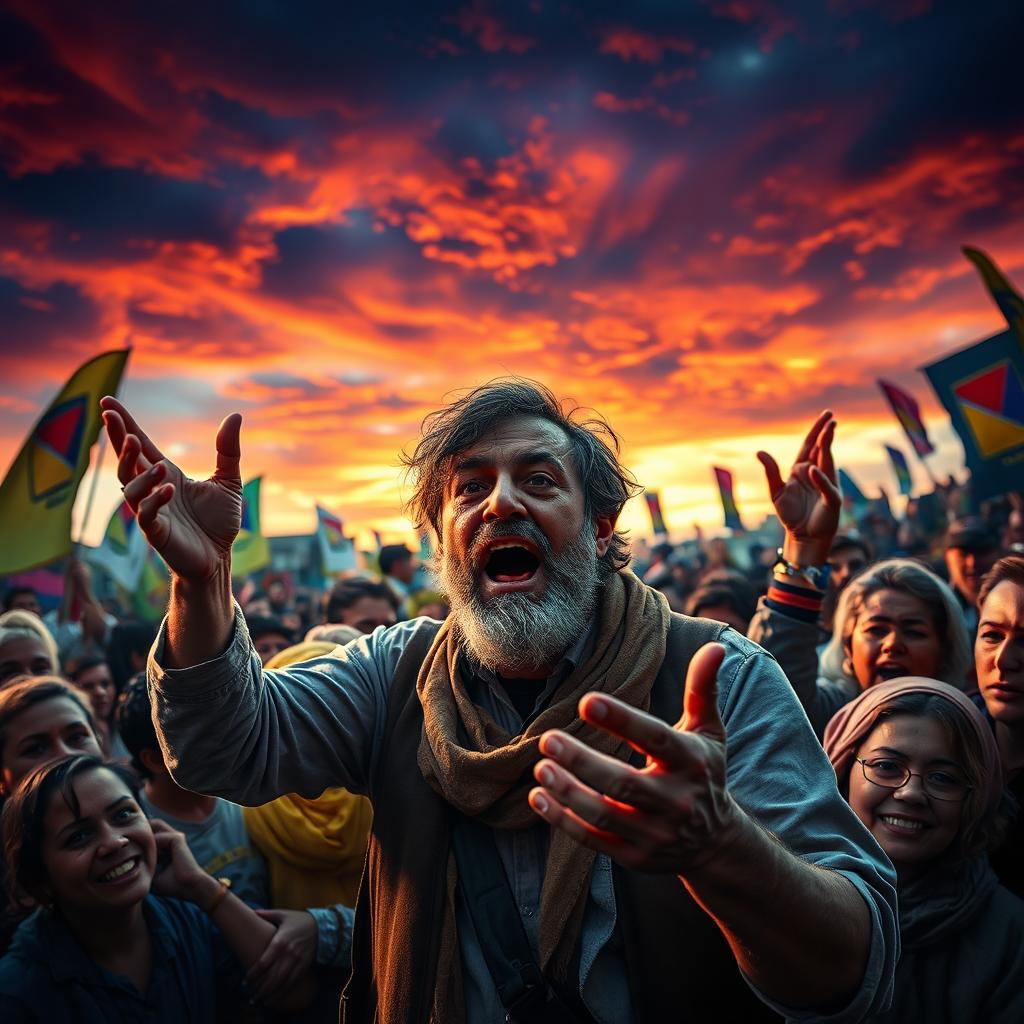 A dramatic portrayal of a fervent zealot in a vibrant setting, passionately speaking to a captivated crowd