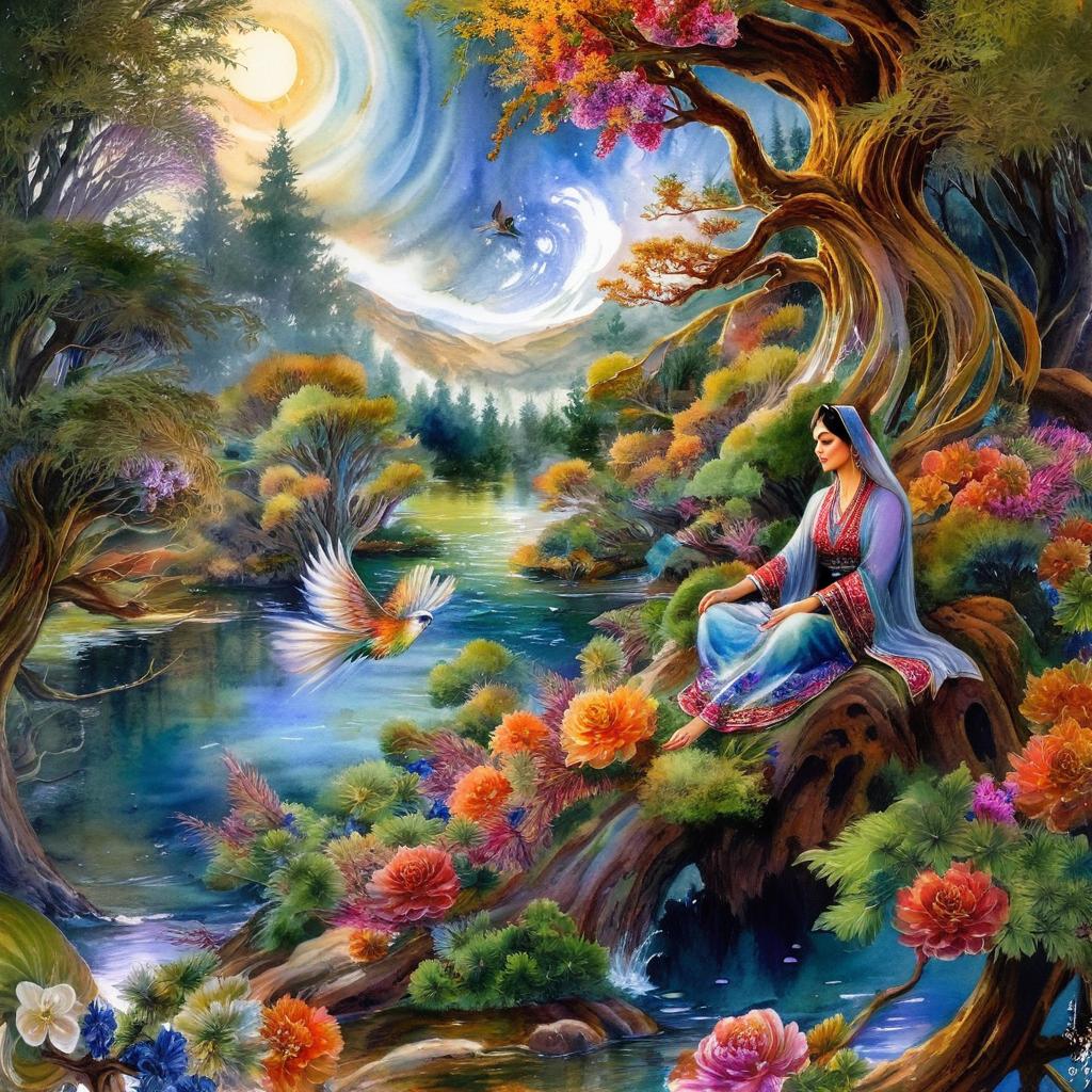 Mystical and spiritual watercolor painting of a beautiful Iranian woman sitting on a rock on a beautiful and peaceful pond in a dense forest with cypress trees, plane trees, grapevines, winding bonsai trees, and a whirlwind of colorful flowers and beautiful.