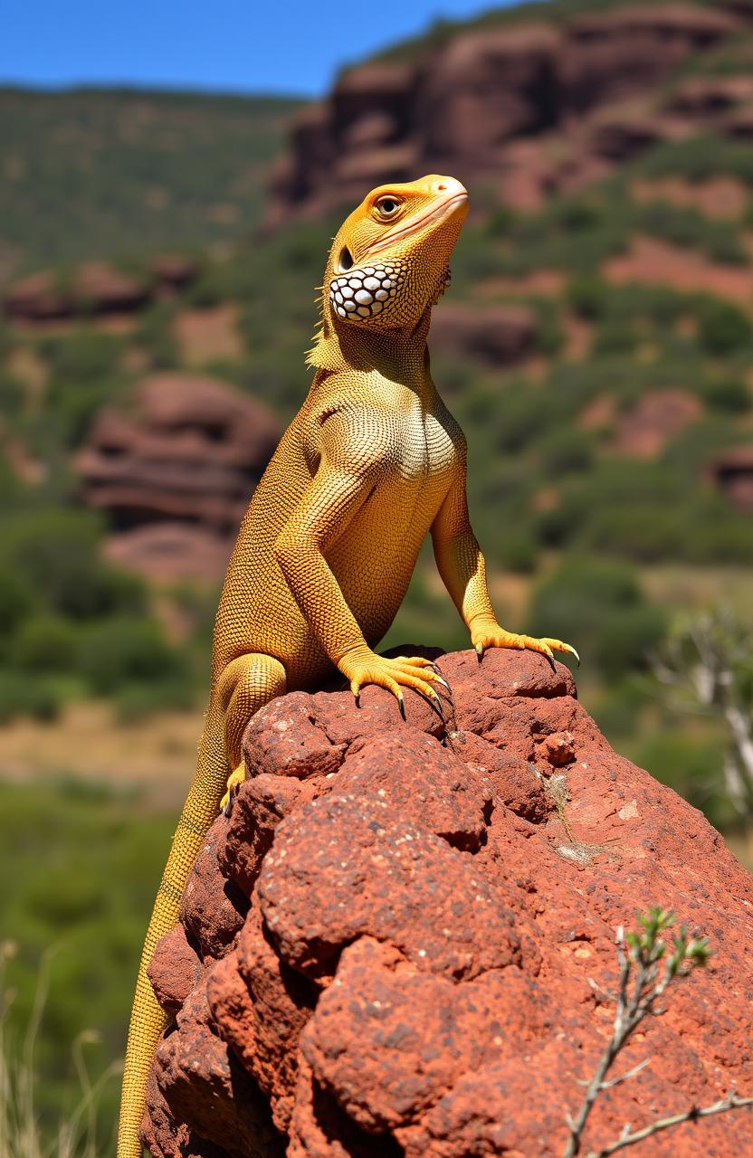 A majestic golden goanna perched on a rugged rock, showcasing its shimmering scales and regal posture