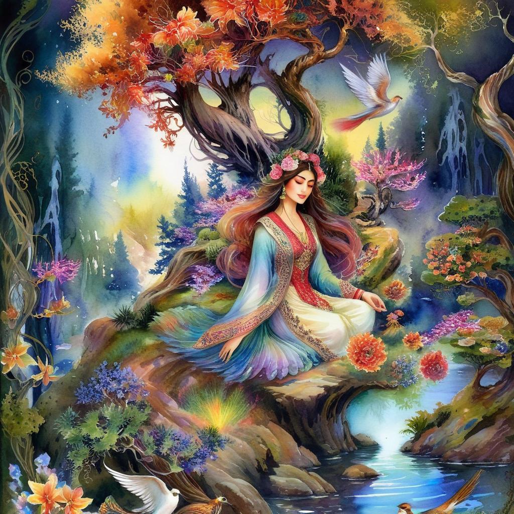 Mystical and spiritual watercolor painting of a beautiful Iranian woman sitting on a rock on a beautiful and peaceful pond in a dense forest with cypress trees, plane trees, grapevines, winding bonsai trees, and a whirlwind of colorful flowers and beautiful.