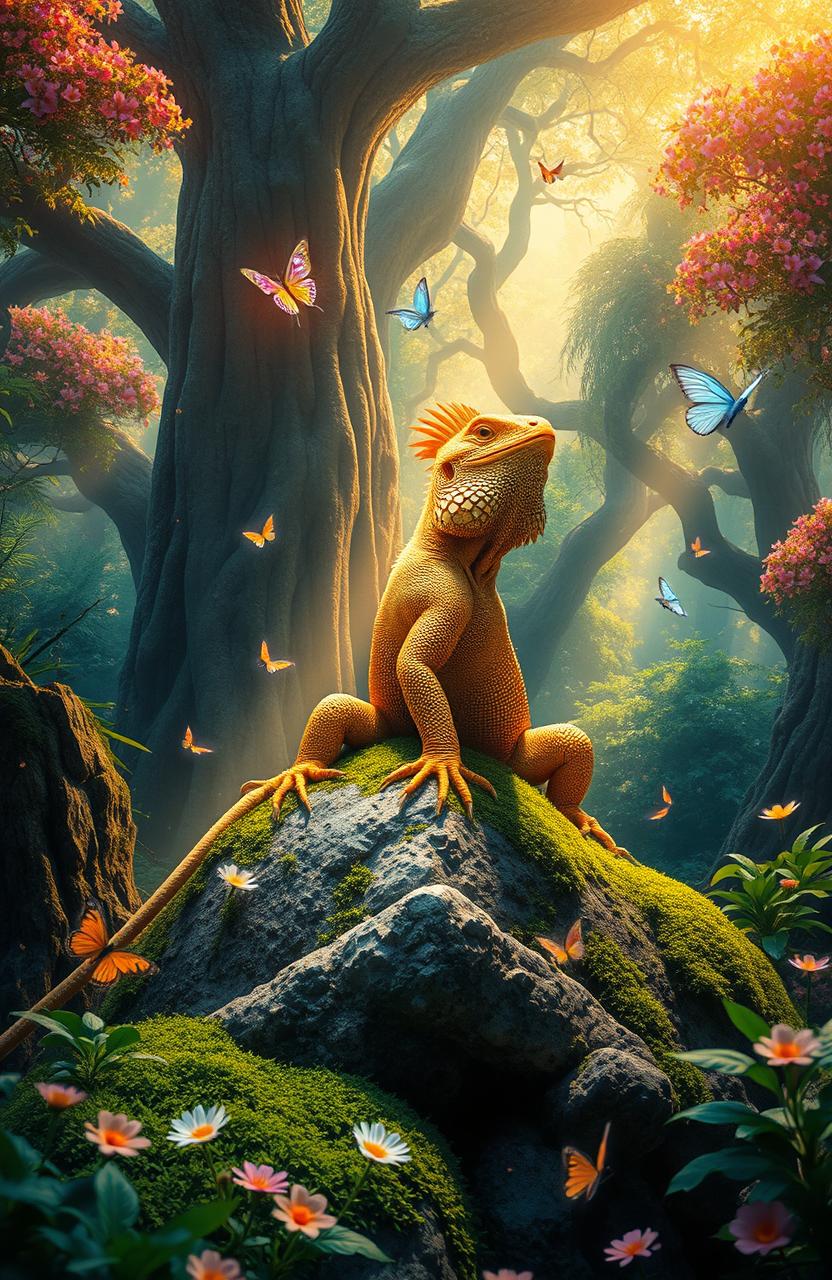 A regal golden monitor lizard perched majestically on a moss-covered rock in a vibrant and magical forest, surrounded by towering ancient trees adorned with luminous, colorful flowers