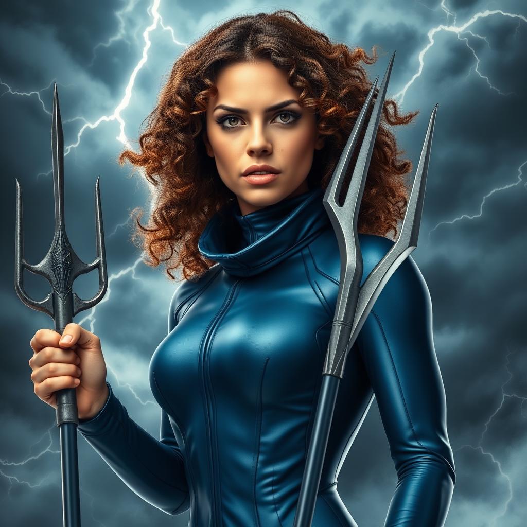 A strong woman with curly brown hair and brown eyes, dressed in a sleek, skin-tight blue sci-fi suit, holding a trident confidently