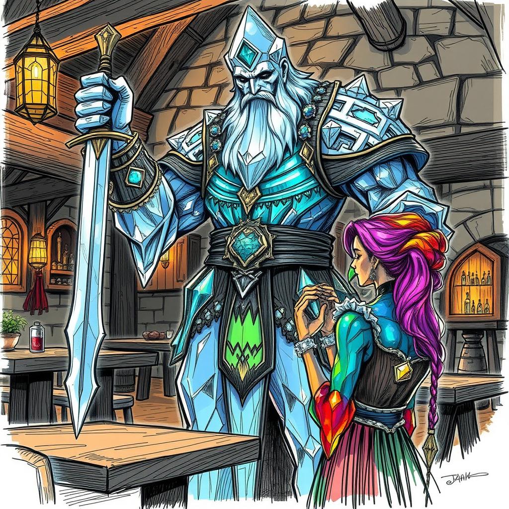 A large, majestic man made of crystal, towering over his surroundings, holding a shimmering sword