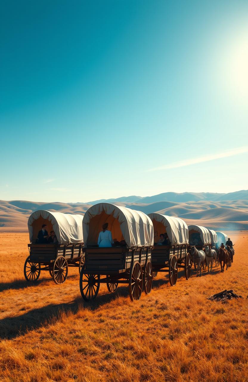 A picturesque scene of a wagon train in the year 1871, featuring several covered wagons moving across a vast, open prairie under a bright blue sky