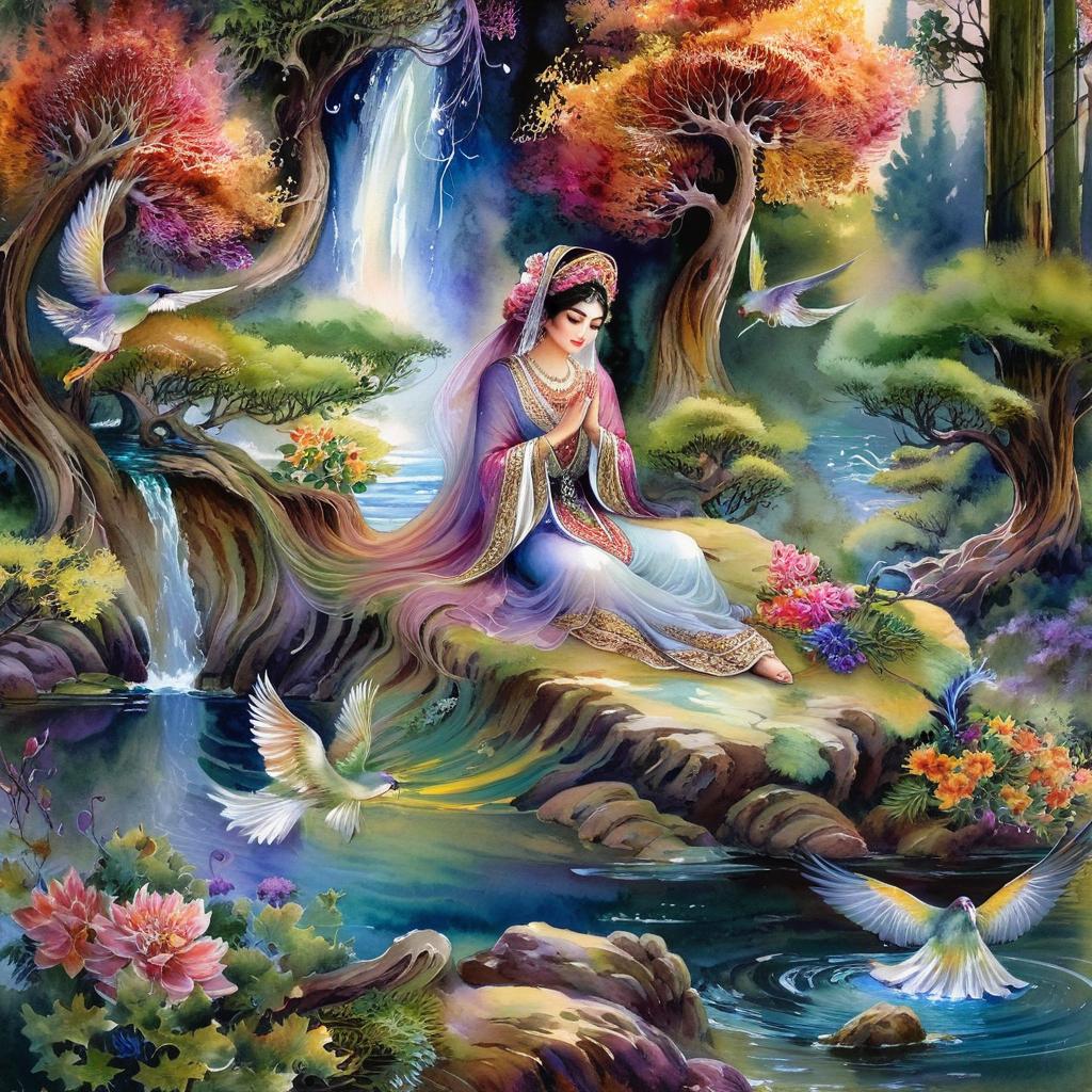 Mystical and spiritual watercolor painting of a beautiful Iranian woman sitting on a rock on a beautiful and peaceful pond in a dense forest with cypress trees, plane trees, grapevines, winding bonsai trees, and a whirlwind of colorful flowers and beautiful.