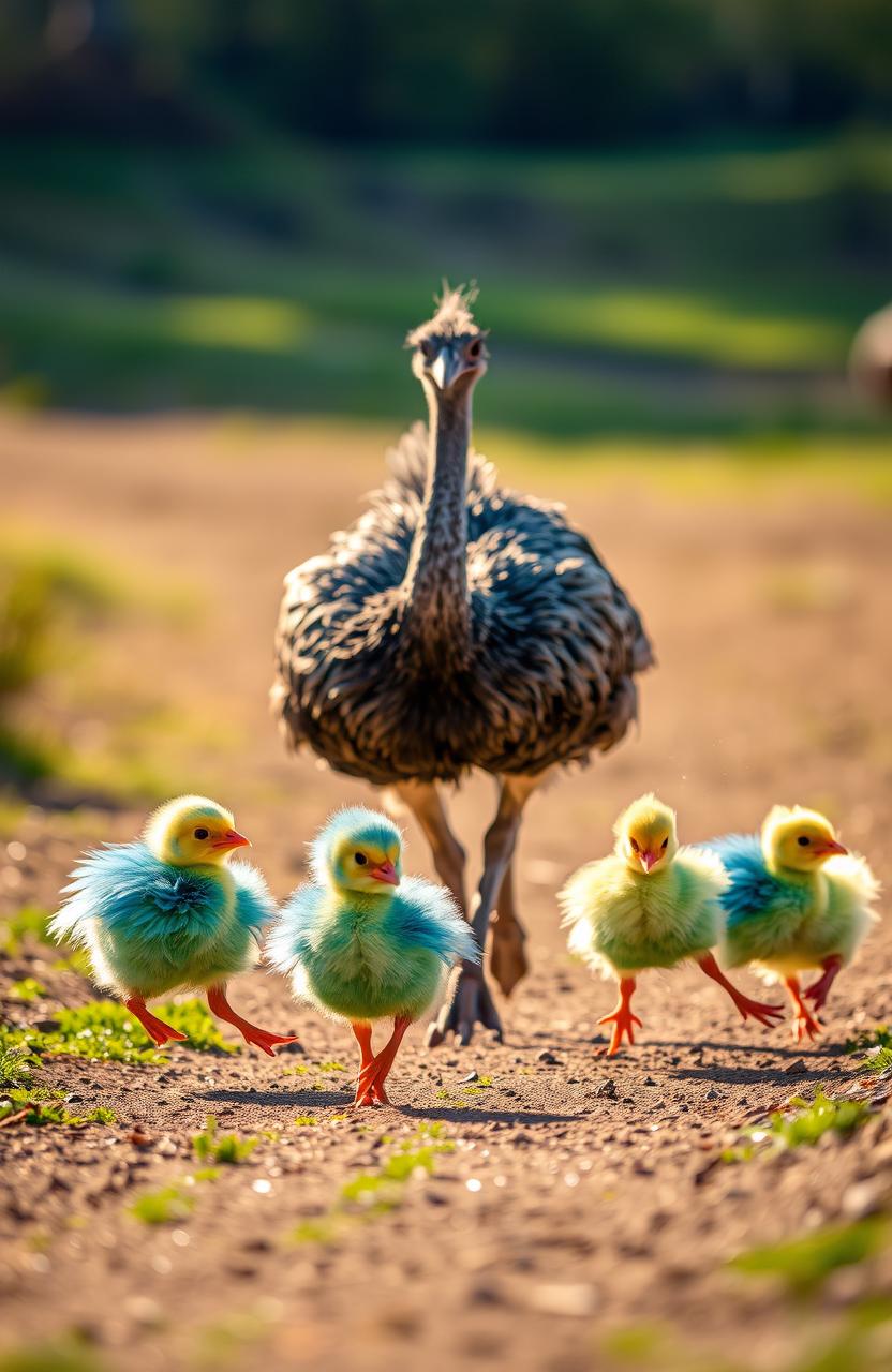 An emu running in the distance accompanied by six adorable chicks, each displaying beautiful feathers of vibrant colors like bright blues, greens, and yellows