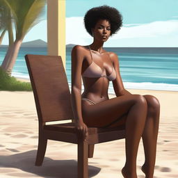 A top-notch digital art portraying the same confident black woman, now seated on a chair, wearing an even thinner bikini