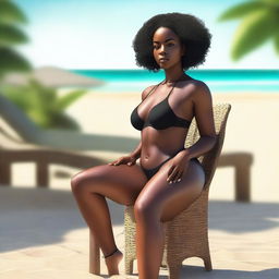 A top-notch digital art portraying the same confident black woman, now seated on a chair, wearing an even thinner bikini