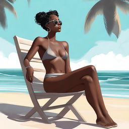 A top-notch digital art portraying the same confident black woman, now seated on a chair, wearing an even thinner bikini