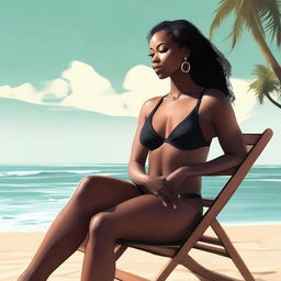 A top-notch digital art portraying the same confident black woman, now seated on a chair, wearing an even thinner bikini