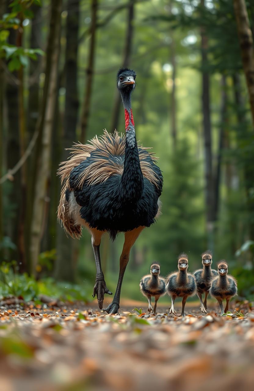 An emu running in the distance through a magical forest, accompanied by its six chicks