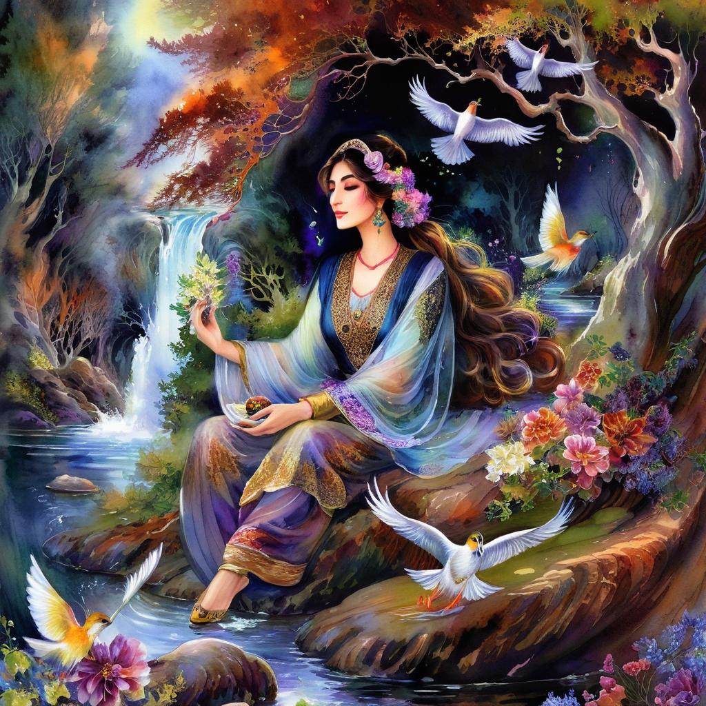Mystical and spiritual watercolor painting of a beautiful Iranian woman sitting on a rock on a beautiful and peaceful pond in a dense forest with cypress trees, plane trees, grapevines, winding bonsai trees, and a whirlwind of colorful flowers and beautiful.