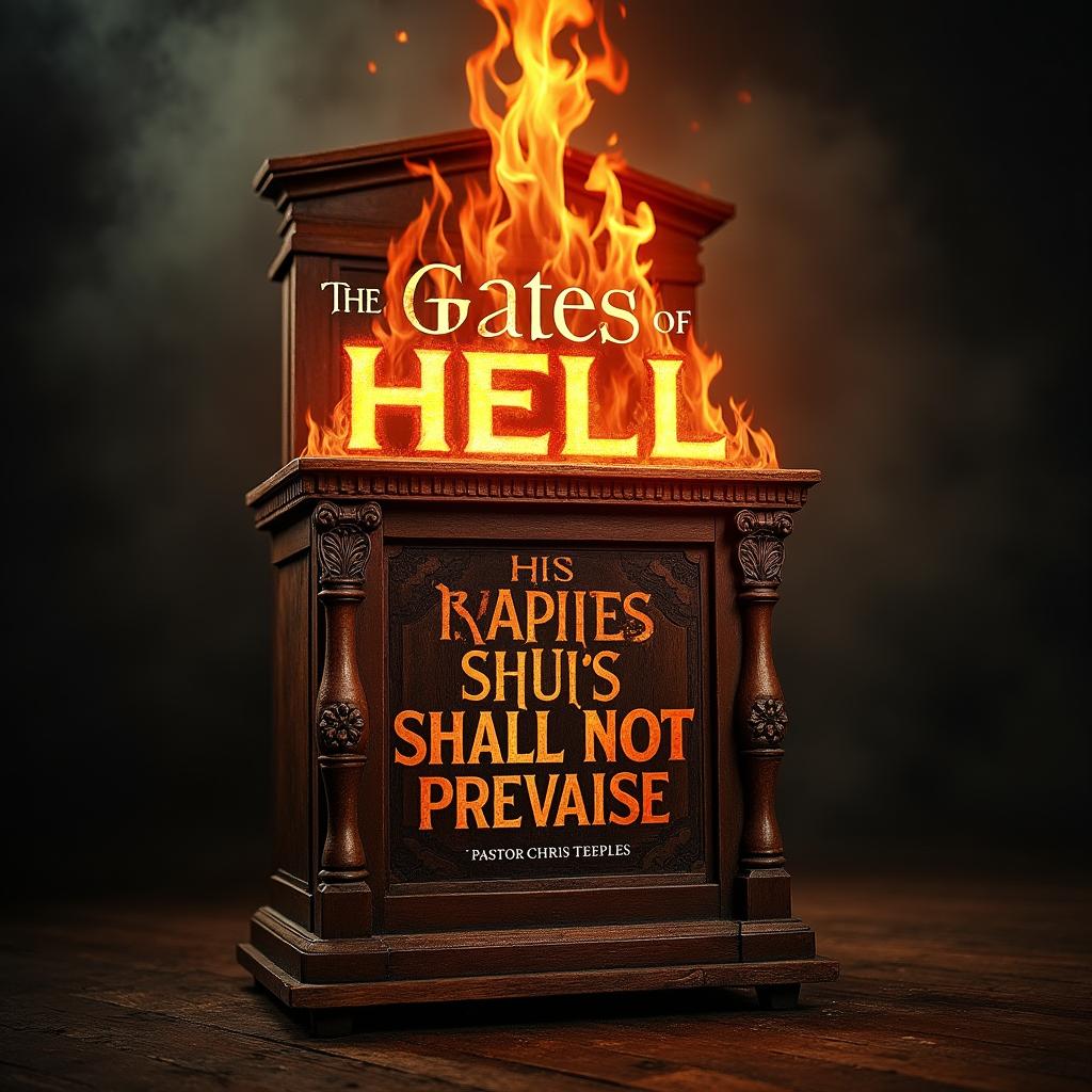 A dramatic book cover design featuring an old wooden pulpit engulfed in flames, symbolizing a powerful and intense message