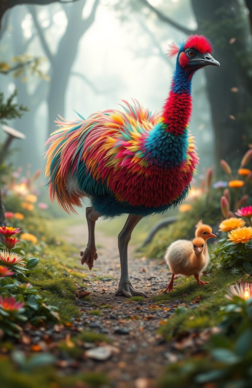 A vibrant, rainbow-colored emu running in the distance within a magical, enchanted forest