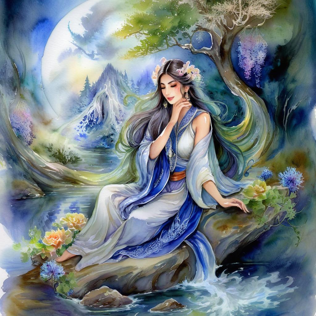 Mystical and spiritual watercolor painting of a beautiful Iranian woman sitting on a rock on a beautiful and peaceful pond in a dense forest with cypress trees, plane trees, grapevines, winding bonsai trees, and a whirlwind of colorful flowers and beautiful.