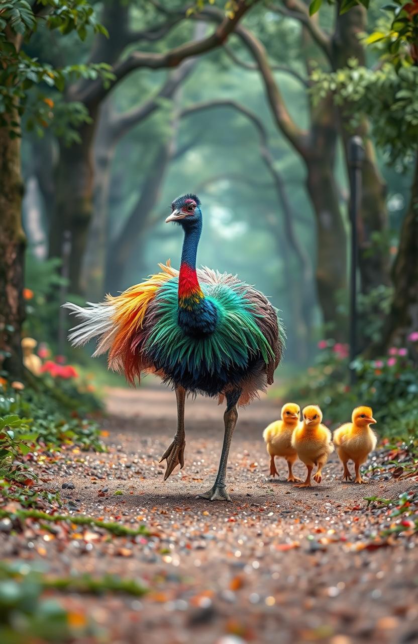 A rainbow-colored emu running in the distance within a magical forest