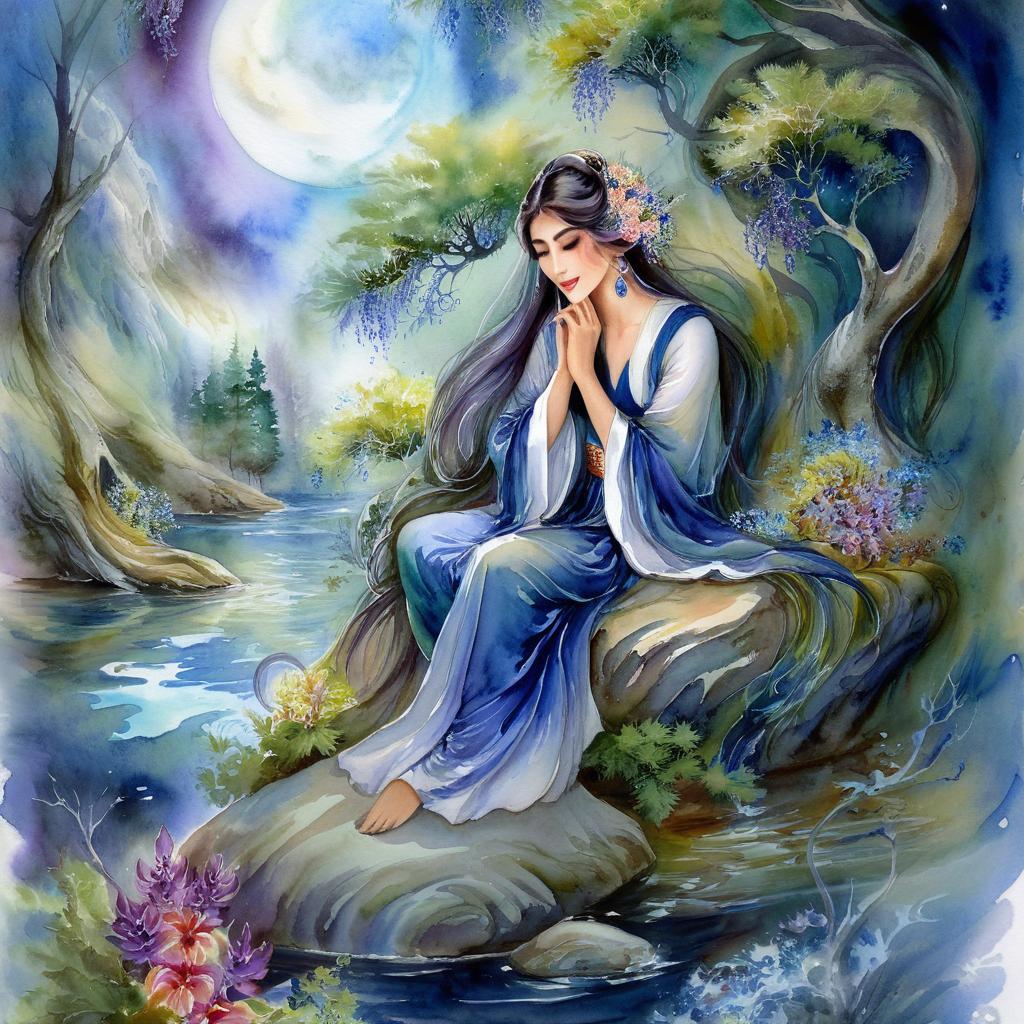 Mystical and spiritual watercolor painting of a beautiful Iranian woman sitting on a rock on a beautiful and peaceful pond in a dense forest with cypress trees, plane trees, grapevines, winding bonsai trees, and a whirlwind of colorful flowers and beautiful.