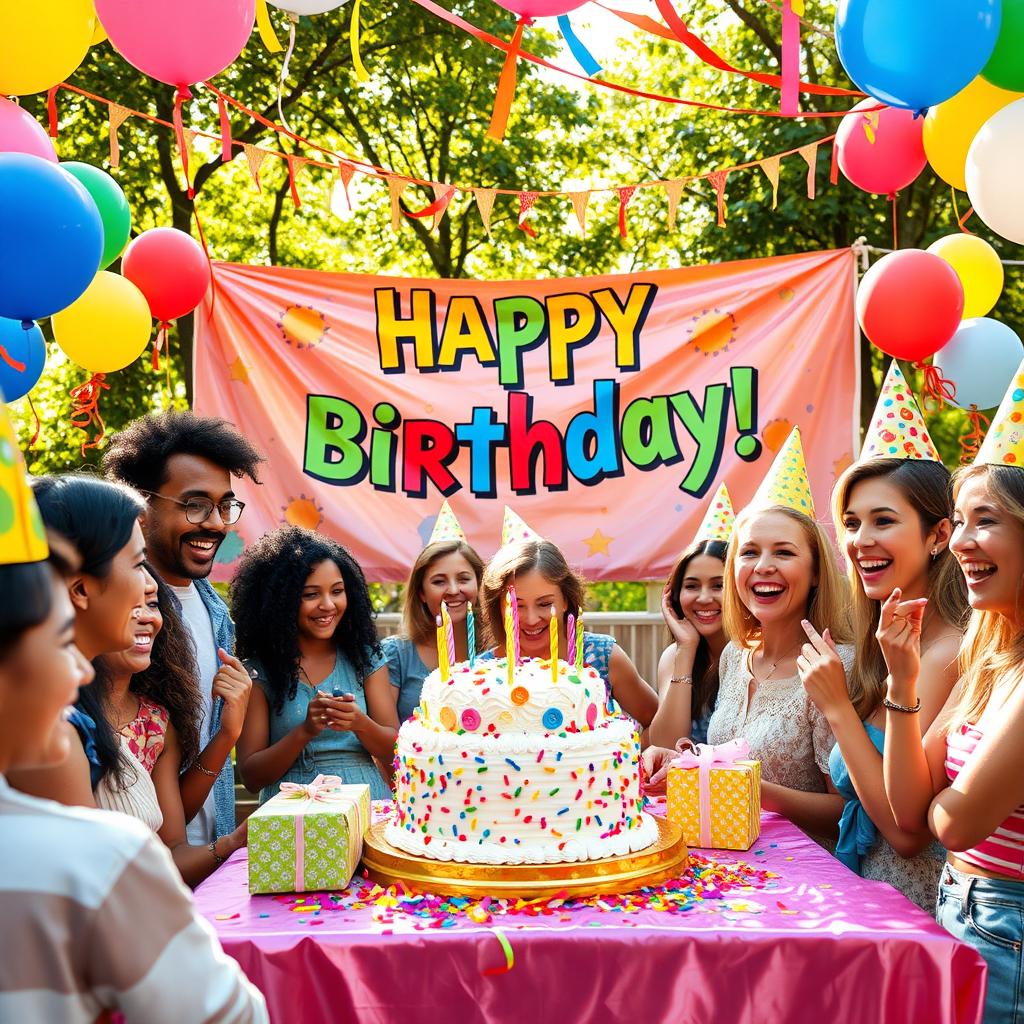 A vibrant birthday celebration scene, full of colorful decorations like balloons, streamers, and a beautifully decorated cake on a festive table
