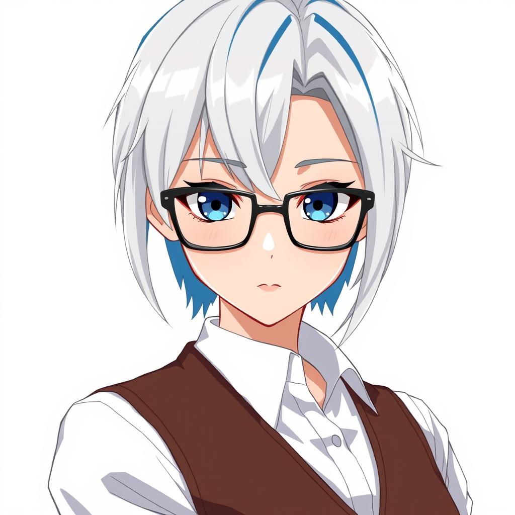 Create an anime-style character with white and blue streaked hair, approximately collar-length, styled smoothly but with a slightly tousled intentional look