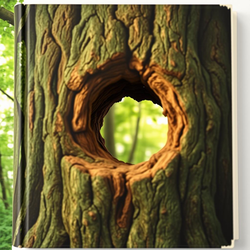 A creative book cover back design featuring a large hole shaped like a tree trunk