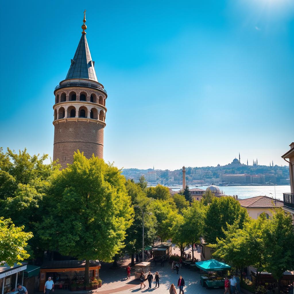 A stunning spectacle view of Galata Tower, towering majestically against a bright blue sky