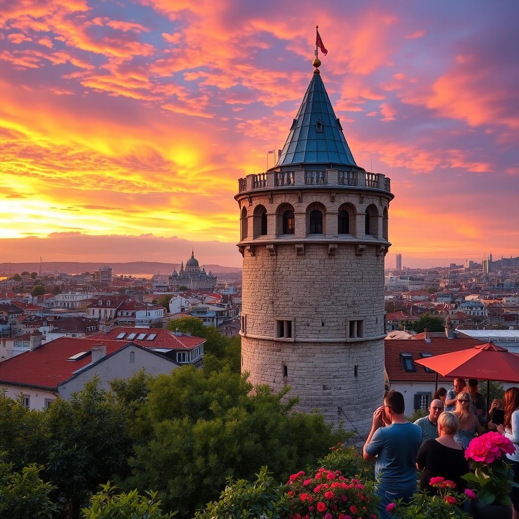 A breathtaking view of the Galata Tower in Istanbul, set against a dramatic sunset sky filled with vibrant hues of orange, pink, and purple