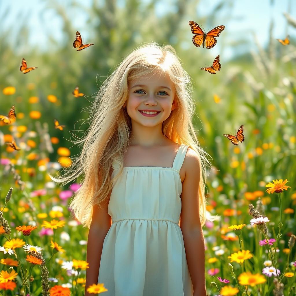 A beautiful blonde girl with long flowing hair, wearing a light summer dress, standing in a sunlit meadow filled with colorful wildflowers