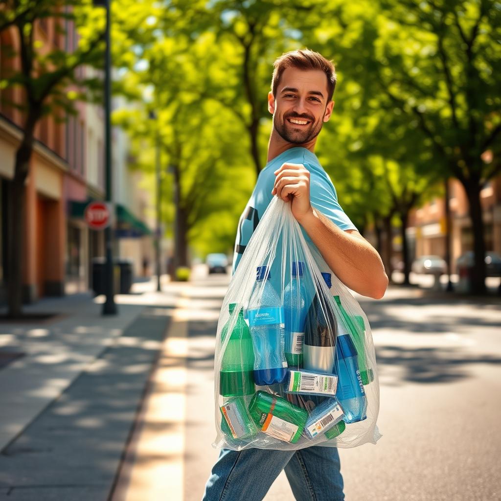 A man on the left side of the image, confidently walking down a sunny urban street, carrying a transparent bag filled with plastic PET bottles