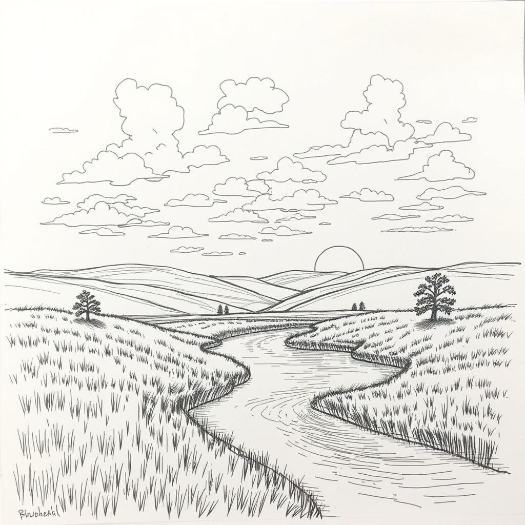 A detailed hand sketch of a serene landscape, featuring rolling hills in the background, a calm river flowing gently through the foreground, and a few trees on either side